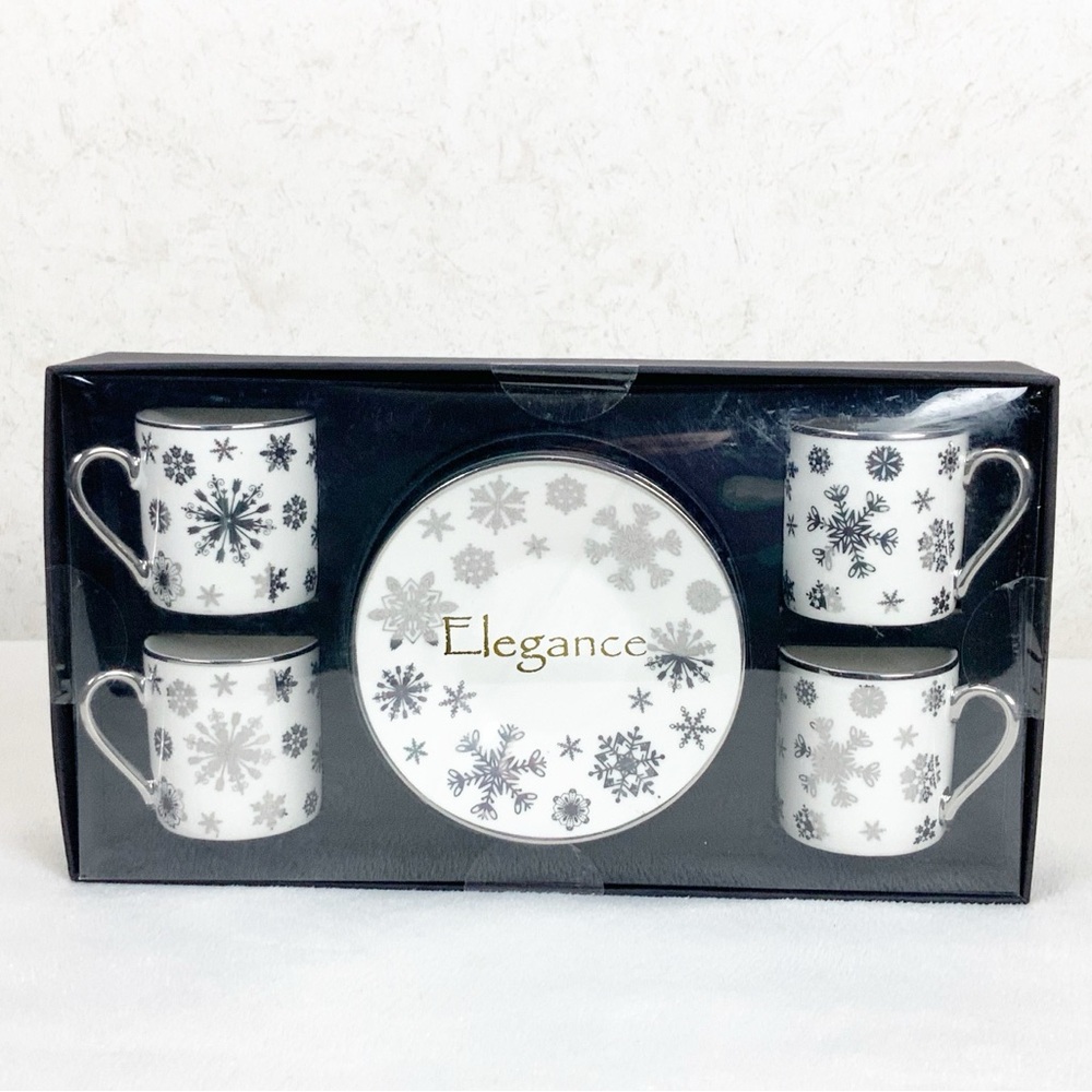 Elegance Snowflake Mini Coffee Mugs Demitasse Teacup Saucer Set Winter Porcelain